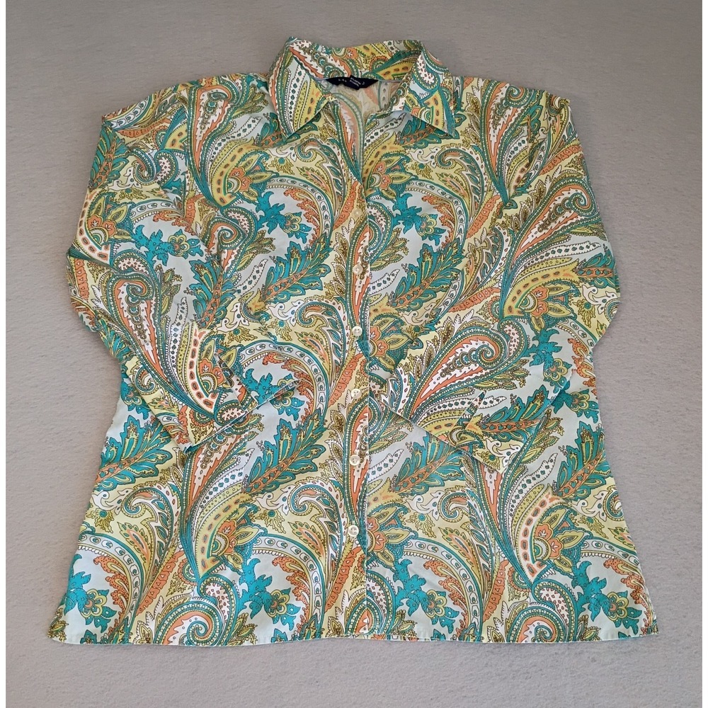 Lands End Pinpoint Oxford Paisley Button Up Blouse‎ Multicolor Retro Theme Sz 10